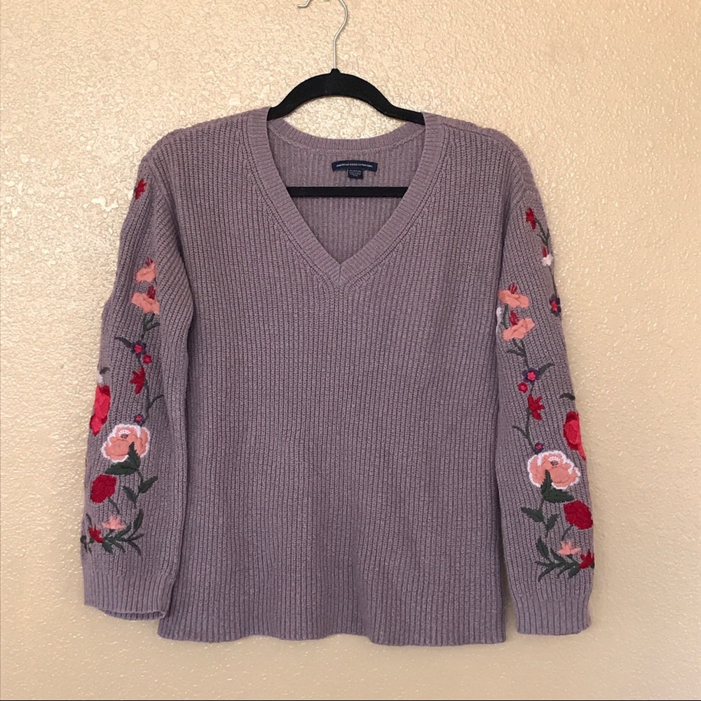AEO Mauve Floral Embroidery Balloon Sleeve Sweater